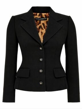 Dolce Gabbana Black Gabardine Blazer Leopard Lining IT 38 NWT
